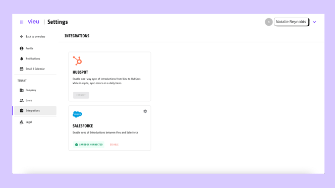 Vieu Integrations Settings 